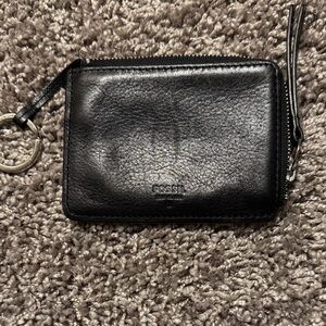 Fossil Black Pebbled Leather Zip Card Wallet with Keyring